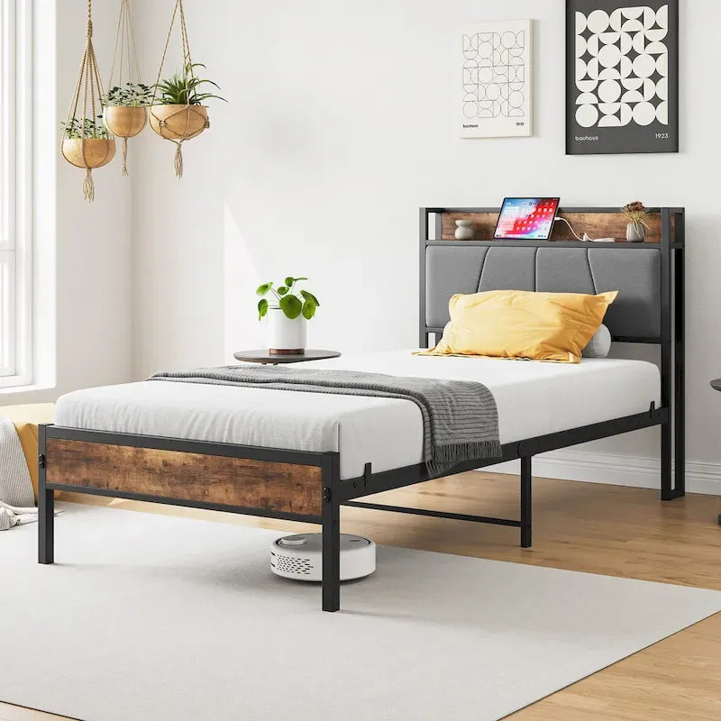 Black Twin Platform Bed Frame with Storage Headboard & Charging Station – Modern Style, Sleeps 1