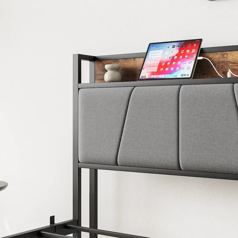 Black Twin Platform Bed Frame with Storage Headboard & Charging Station – Modern Style, Sleeps 1