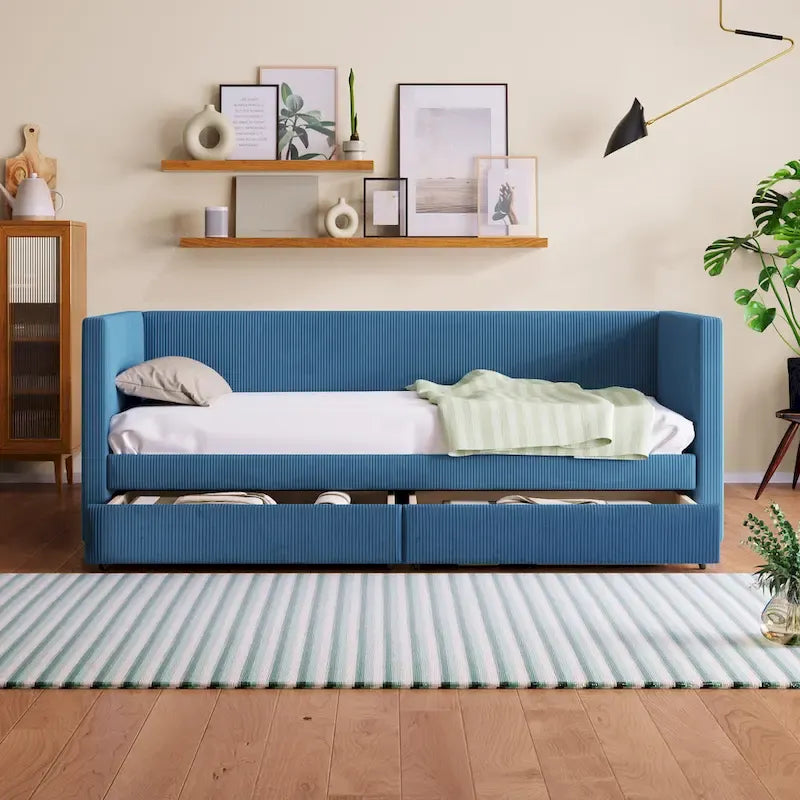 Pink / Blue / Gray / Beige Corduroy Upholstered Twin Daybed with 2 Storage Drawers – Modern Style, Seats / Sleeps 1