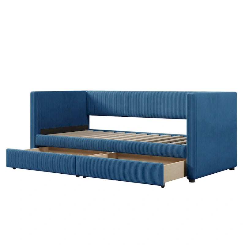 Pink / Blue / Gray / Beige Corduroy Upholstered Twin Daybed with 2 Storage Drawers – Modern Style, Seats / Sleeps 1