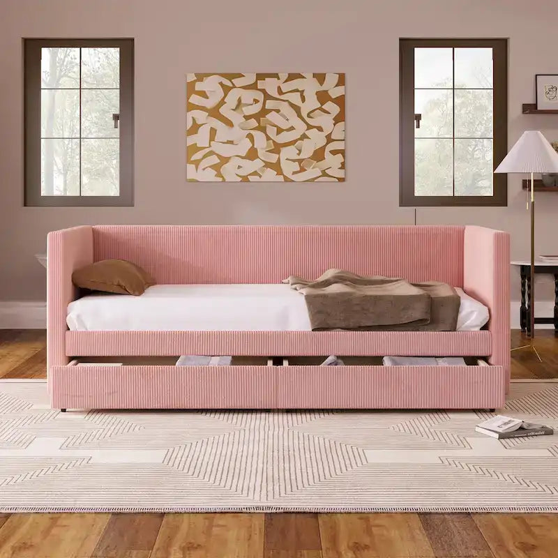 Pink / Blue / Gray / Beige Corduroy Upholstered Twin Daybed with 2 Storage Drawers – Modern Style, Seats / Sleeps 1