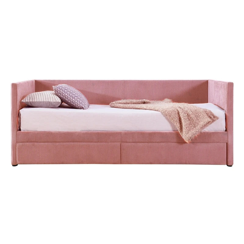 Pink / Blue / Gray / Beige Corduroy Upholstered Twin Daybed with 2 Storage Drawers – Modern Style, Seats / Sleeps 1