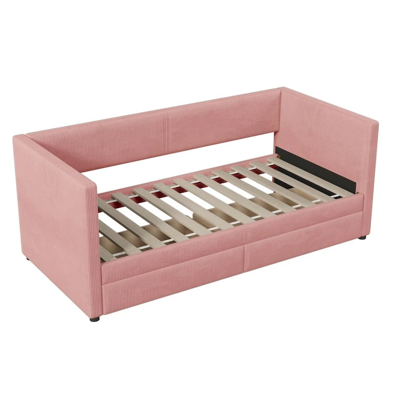 Pink / Blue / Gray / Beige Corduroy Upholstered Twin Daybed with 2 Storage Drawers – Modern Style, Seats / Sleeps 1