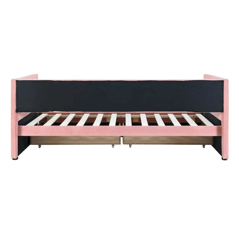 Pink / Blue / Gray / Beige Corduroy Upholstered Twin Daybed with 2 Storage Drawers – Modern Style, Seats / Sleeps 1