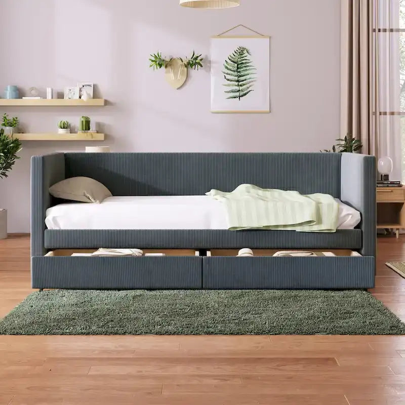 Pink / Blue / Gray / Beige Corduroy Upholstered Twin Daybed with 2 Storage Drawers – Modern Style, Seats / Sleeps 1