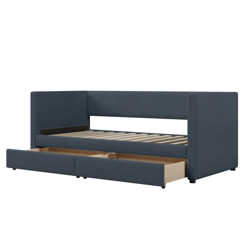 Pink / Blue / Gray / Beige Corduroy Upholstered Twin Daybed with 2 Storage Drawers – Modern Style, Seats / Sleeps 1