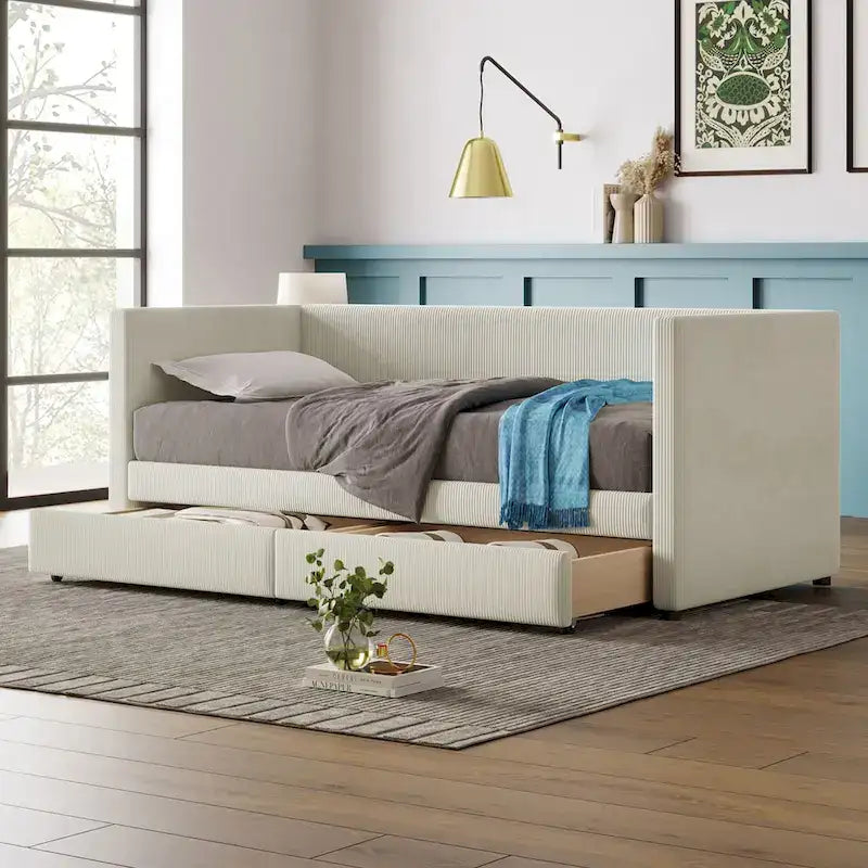 Pink / Blue / Gray / Beige Corduroy Upholstered Twin Daybed with 2 Storage Drawers – Modern Style, Seats / Sleeps 1