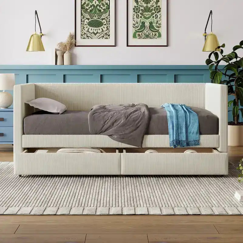Pink / Blue / Gray / Beige Corduroy Upholstered Twin Daybed with 2 Storage Drawers – Modern Style, Seats / Sleeps 1