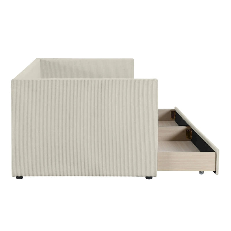 Pink / Blue / Gray / Beige Corduroy Upholstered Twin Daybed with 2 Storage Drawers – Modern Style, Seats / Sleeps 1