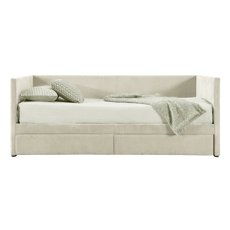 Pink / Blue / Gray / Beige Corduroy Upholstered Twin Daybed with 2 Storage Drawers – Modern Style, Seats / Sleeps 1