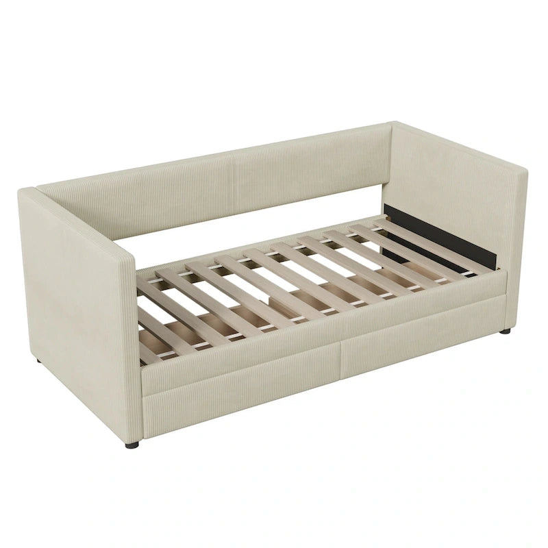 Pink / Blue / Gray / Beige Corduroy Upholstered Twin Daybed with 2 Storage Drawers – Modern Style, Seats / Sleeps 1