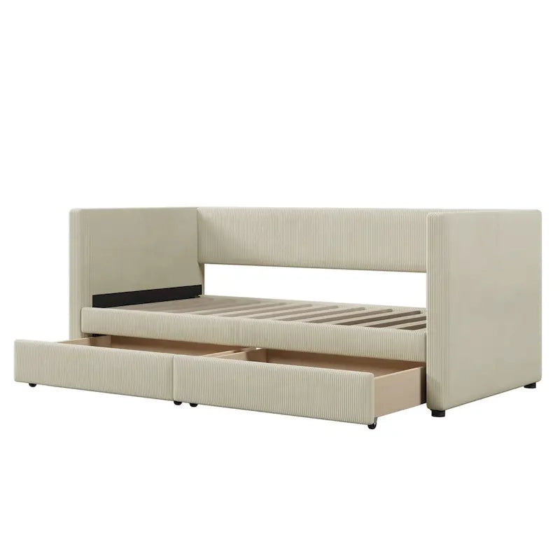 Pink / Blue / Gray / Beige Corduroy Upholstered Twin Daybed with 2 Storage Drawers – Modern Style, Seats / Sleeps 1