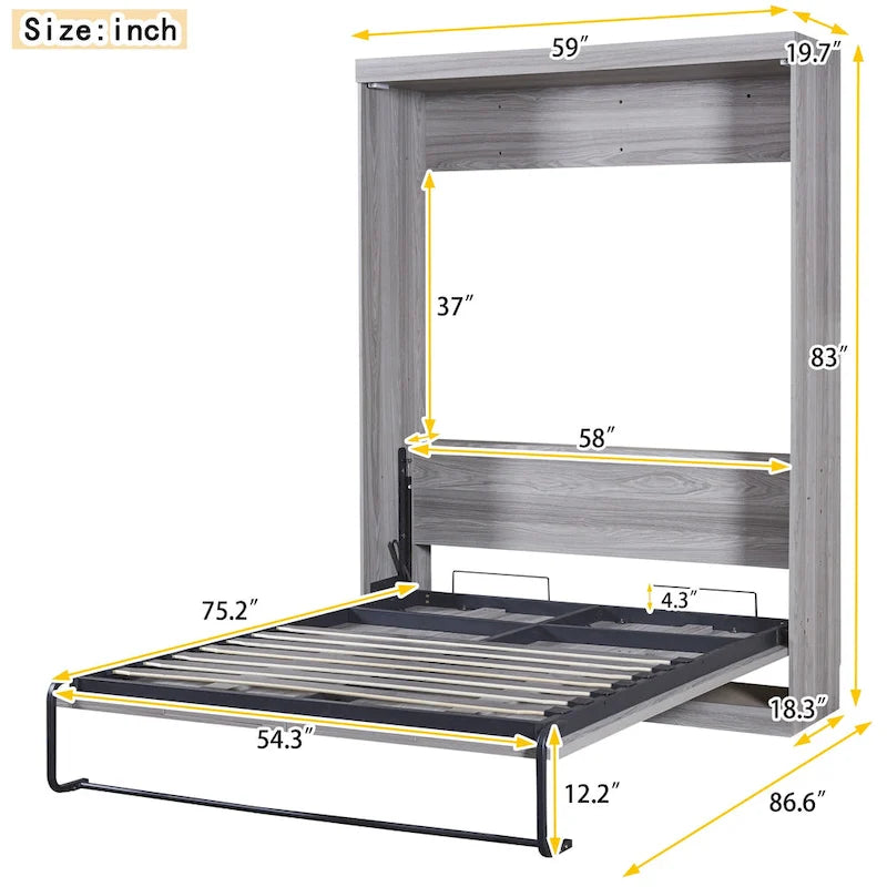 Gray Fold-Down Murphy Bed with Integrated Cabinet – Modern Style, Twin / Full, Sleeps 1