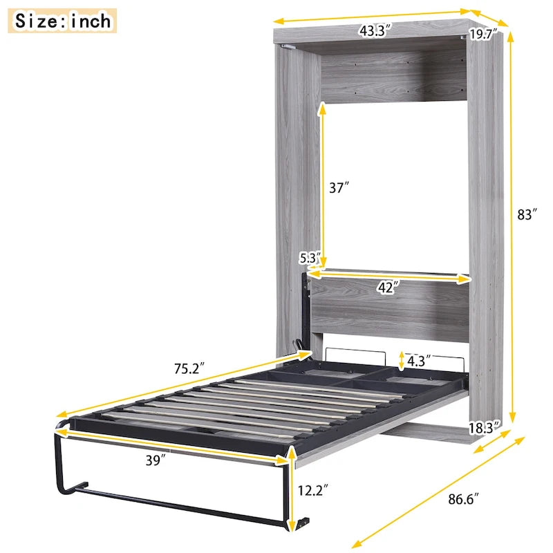 Gray Fold-Down Murphy Bed with Integrated Cabinet – Modern Style, Twin / Full, Sleeps 1