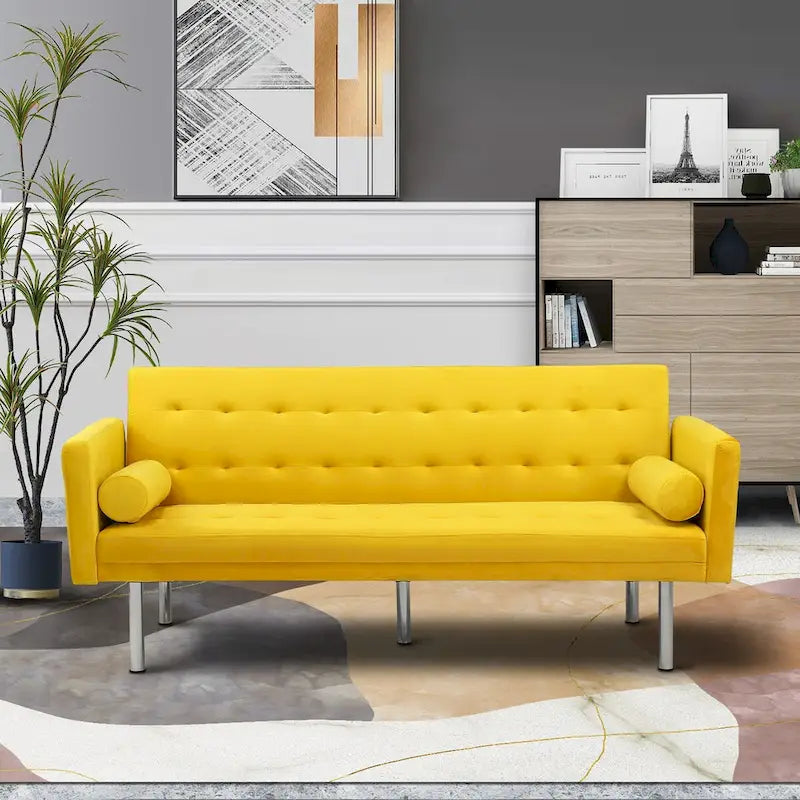 Grey / Yellow / Green / Blue / Black / Brown / Beige Convertible Futon Sofa Bed – Mid-Century Style, Seats 2