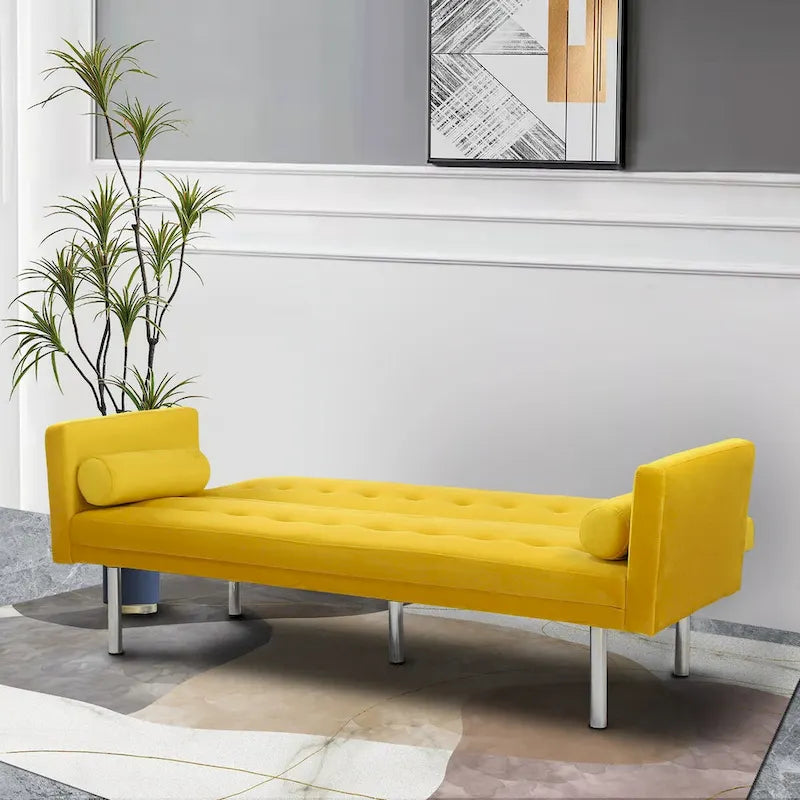Grey / Yellow / Green / Blue / Black / Brown / Beige Convertible Futon Sofa Bed – Mid-Century Style, Seats 2