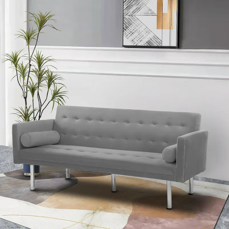 Grey / Yellow / Green / Blue / Black / Brown / Beige Convertible Futon Sofa Bed – Mid-Century Style, Seats 2