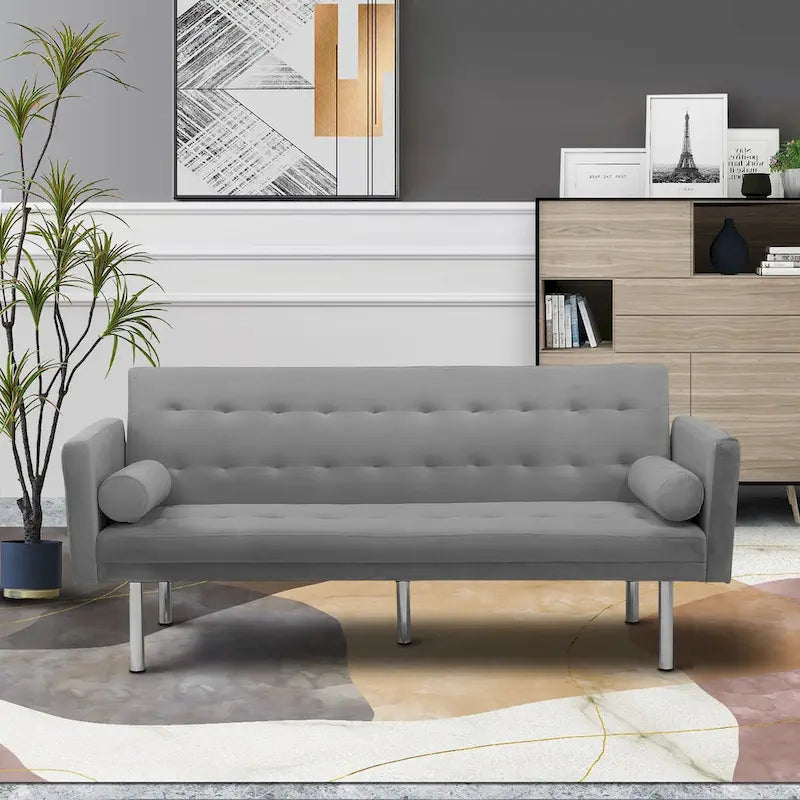 Grey / Yellow / Green / Blue / Black / Brown / Beige Convertible Futon Sofa Bed – Mid-Century Style, Seats 2