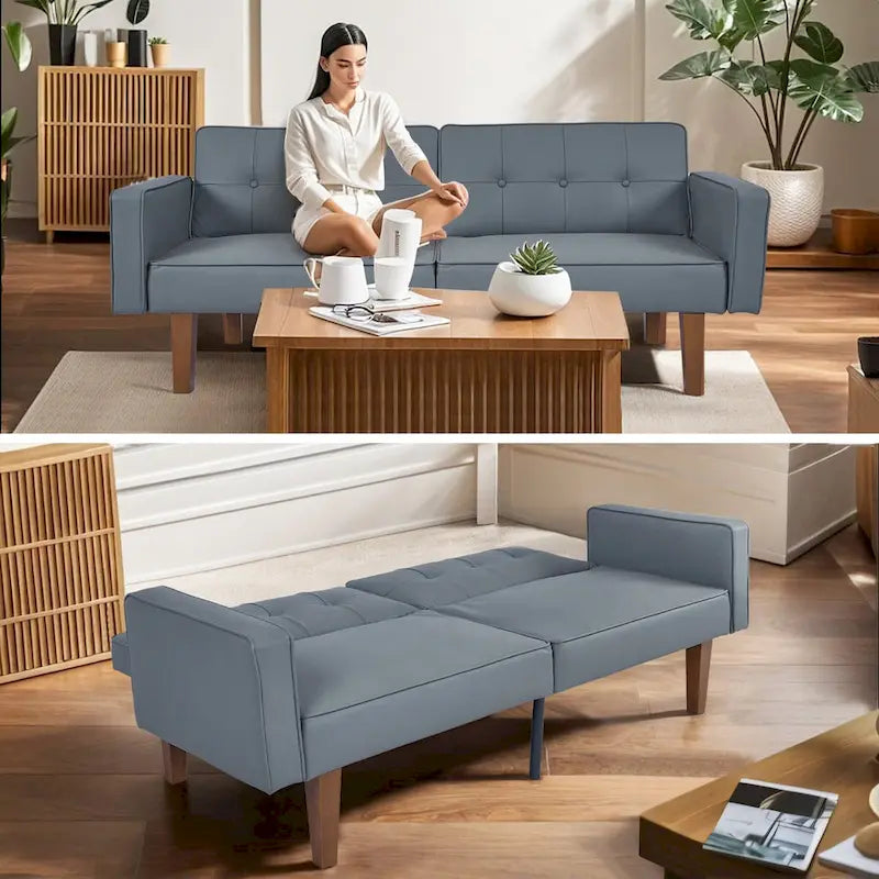 Grey / Yellow / Green / Blue / Black / Brown / Beige Convertible Futon Sofa Bed – Mid-Century Style, Seats 2