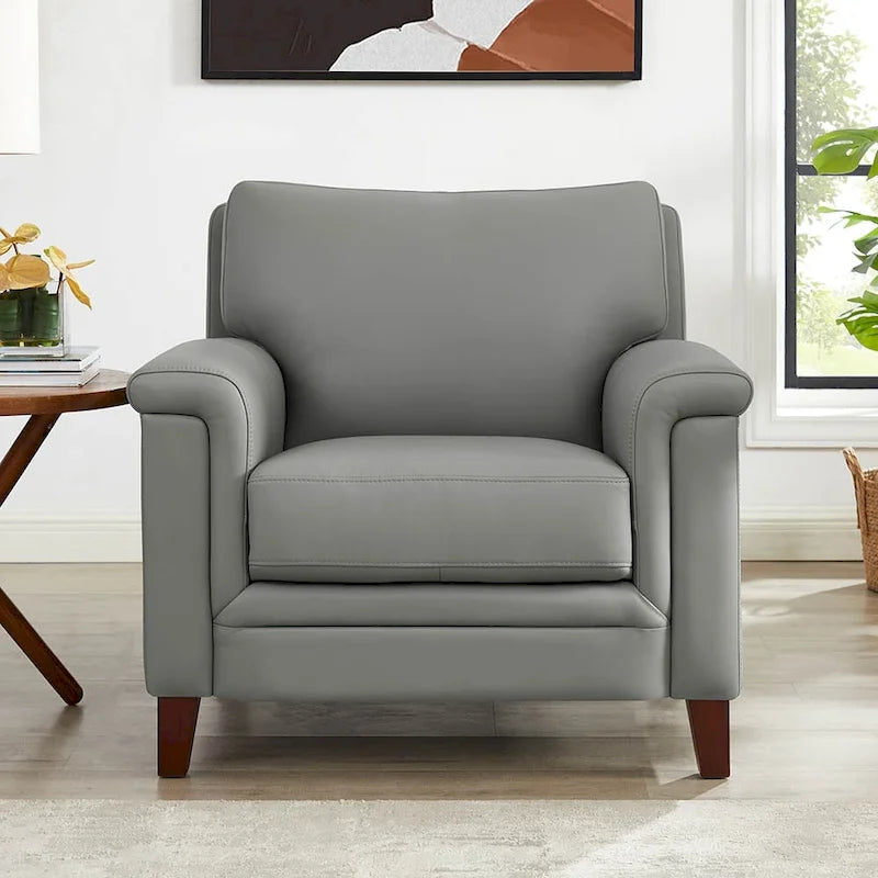 Silver Grey / Vanilla White / Spa Blue Top Grain Leather Accent Chair with Memory Foam – Transitional Style, Seats 1