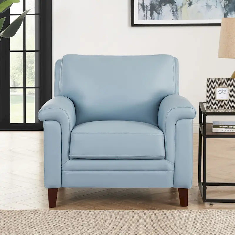 Silver Grey / Vanilla White / Spa Blue Top Grain Leather Accent Chair with Memory Foam – Transitional Style, Seats 1