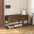 Vintage Brown 2-Tier Shoe Rack Bench with Drawer – Industrial Style, Seats 1
