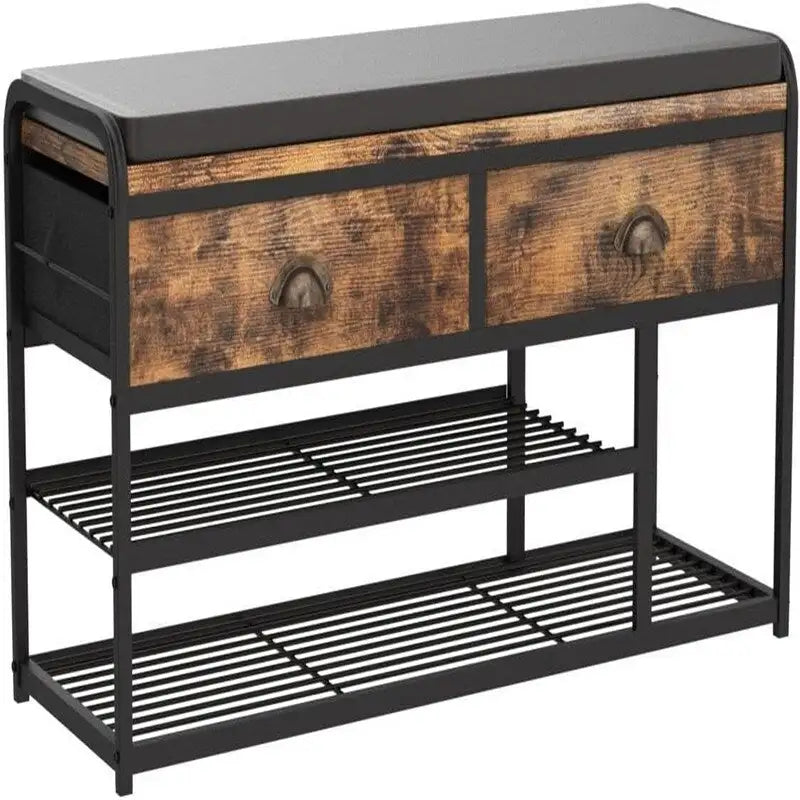 Vintage Brown 2-Tier Shoe Rack Bench with Drawer – Industrial Style, Seats 1