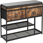 Vintage Brown 2-Tier Shoe Rack Bench with Drawer – Industrial Style, Seats 1