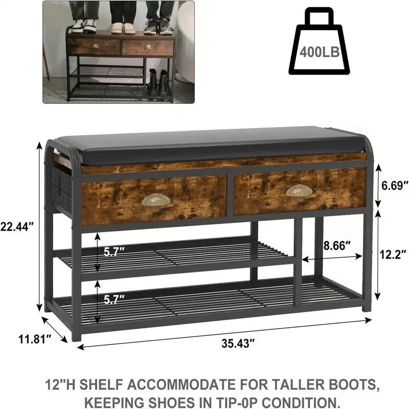 Vintage Brown 2-Tier Shoe Rack Bench with Drawer – Industrial Style, Seats 1