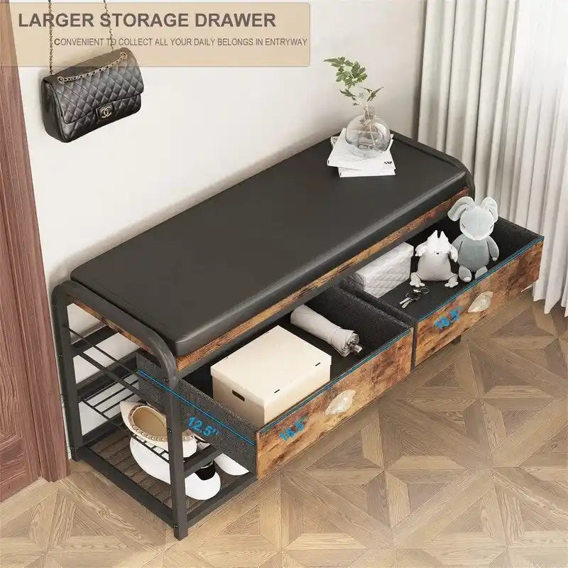 Vintage Brown 2-Tier Shoe Rack Bench with Drawer – Industrial Style, Seats 1