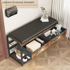 Vintage Brown 2-Tier Shoe Rack Bench with Drawer – Industrial Style, Seats 1