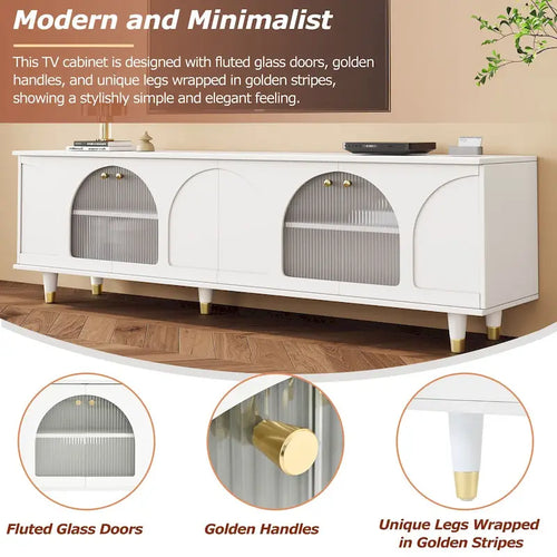 Black / White TV Stand with Arch Fluted Glass Doors & Gold Handles – Modern Boho Style, Fits TVs up to 78"