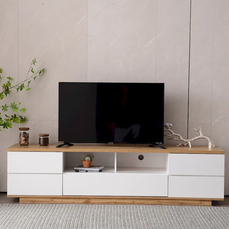 White / Natural Modern TV Stand with Push-Open Doors – Minimalist Style, Fits TVs up to 80"