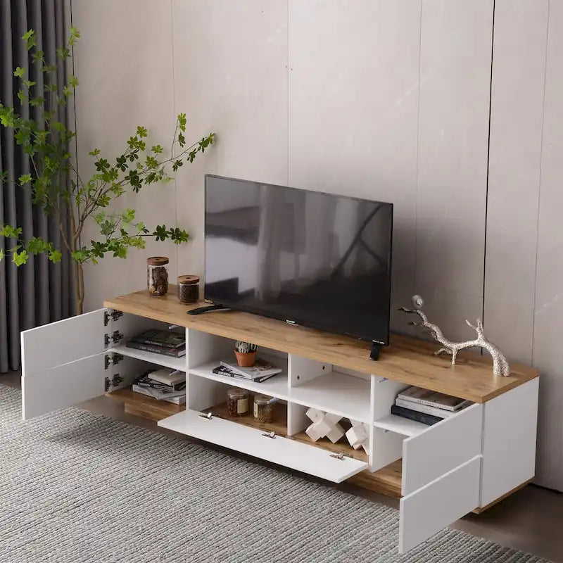 White / Natural Modern TV Stand with Push-Open Doors – Minimalist Style, Fits TVs up to 80"