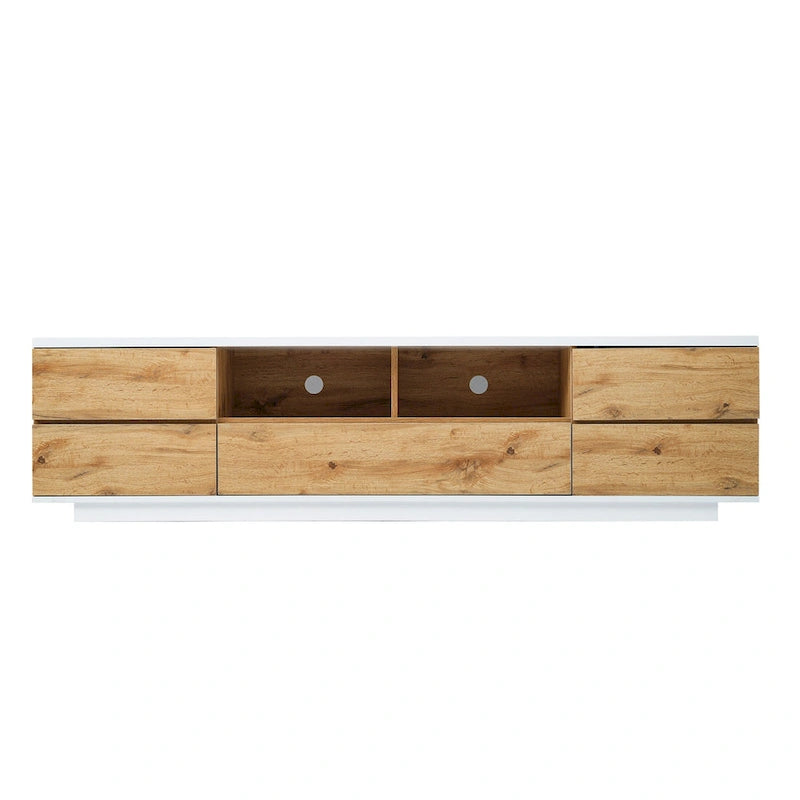 White / Natural Modern TV Stand with Push-Open Doors – Minimalist Style, Fits TVs up to 80"