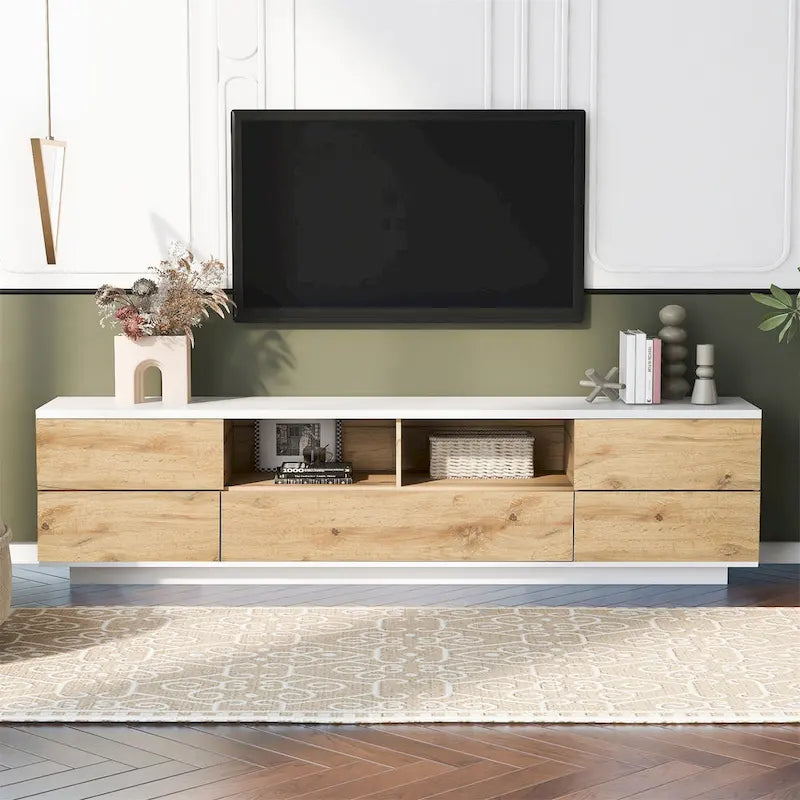White / Natural Modern TV Stand with Push-Open Doors – Minimalist Style, Fits TVs up to 80"