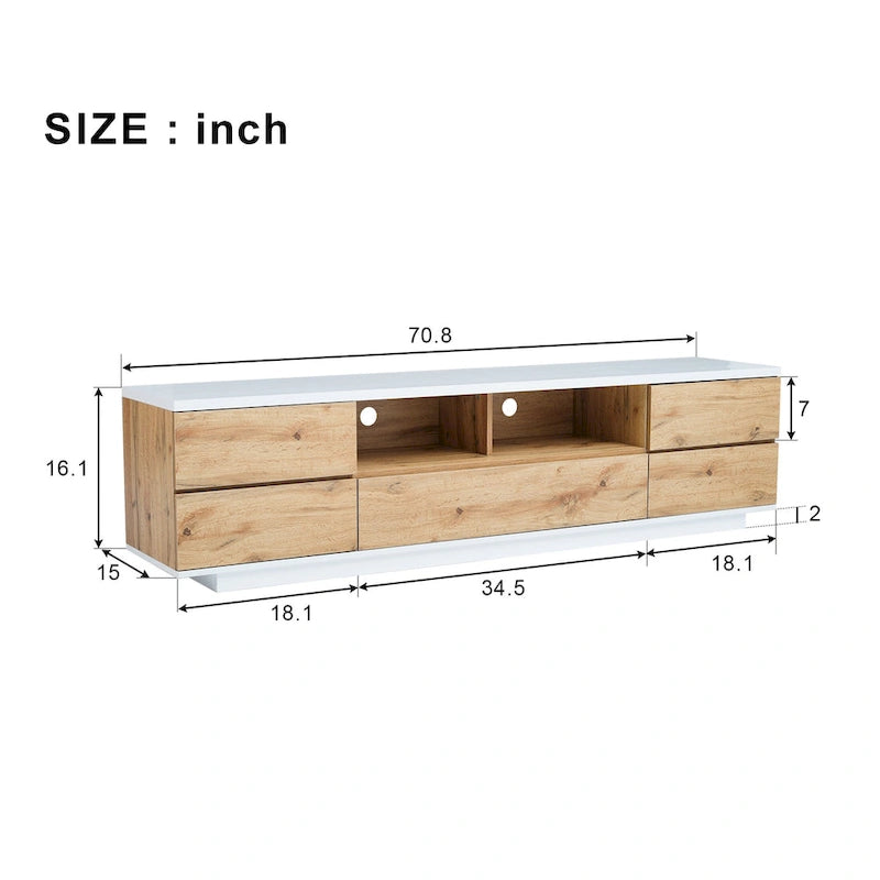 White / Natural Modern TV Stand with Push-Open Doors – Minimalist Style, Fits TVs up to 80"