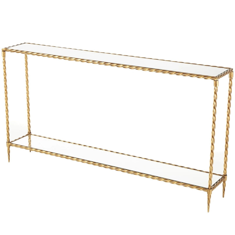 Gold Metal Twisted Rope Console Table with Mirrored Glass Top & Shelf – Contemporary Style, Entryway Use