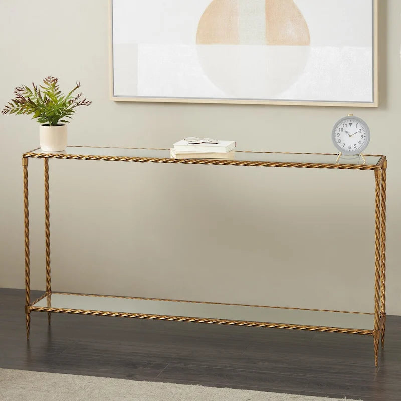 Gold Metal Twisted Rope Console Table with Mirrored Glass Top & Shelf – Contemporary Style, Entryway Use