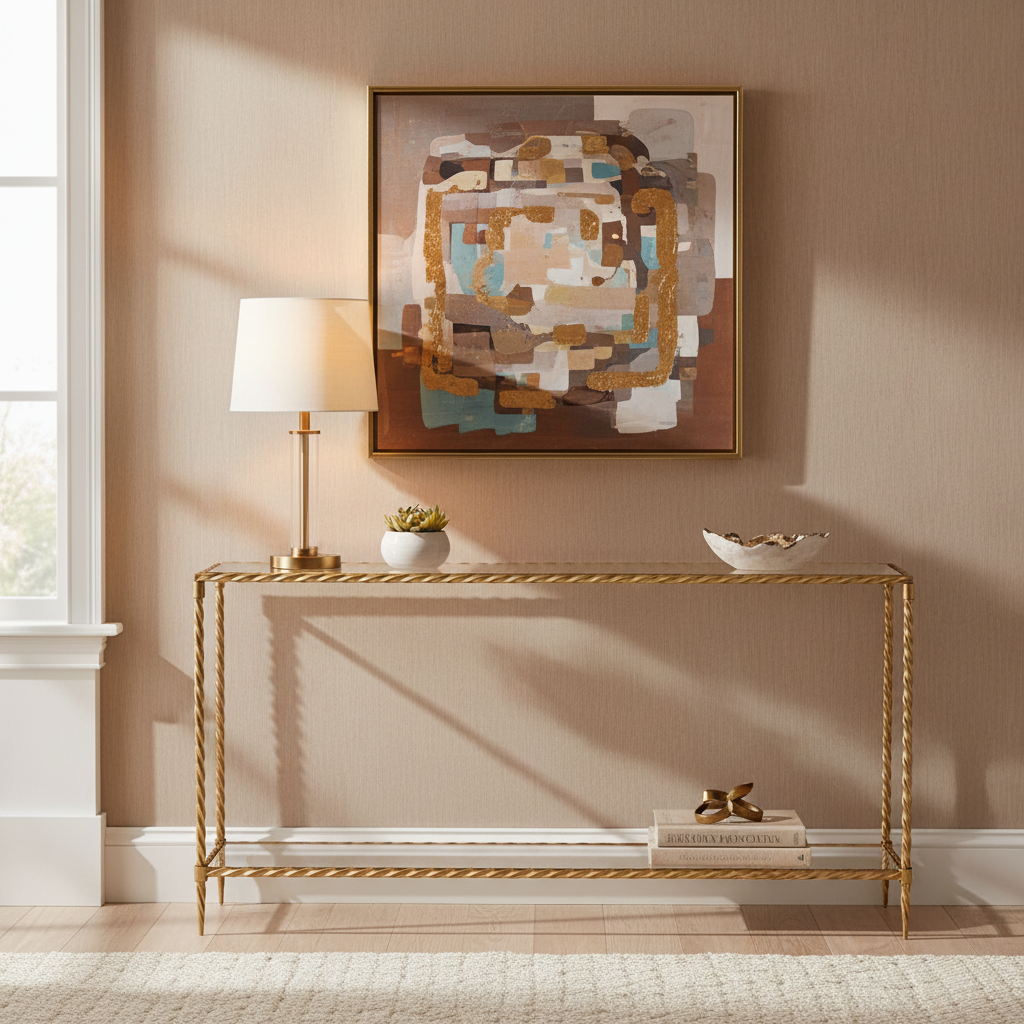 Gold Metal Twisted Rope Console Table with Mirrored Glass Top & Shelf – Contemporary Style, Entryway Use