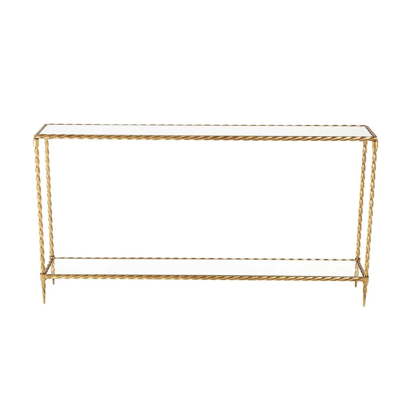 Gold Metal Twisted Rope Console Table with Mirrored Glass Top & Shelf – Contemporary Style, Entryway Use
