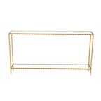 Gold Metal Twisted Rope Console Table with Mirrored Glass Top & Shelf – Contemporary Style, Entryway Use