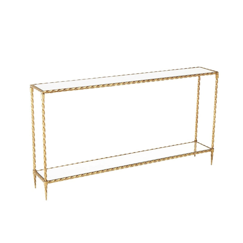 Gold Metal Twisted Rope Console Table with Mirrored Glass Top & Shelf – Contemporary Style, Entryway Use