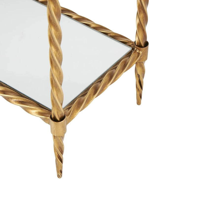 Gold Metal Twisted Rope Console Table with Mirrored Glass Top & Shelf – Contemporary Style, Entryway Use