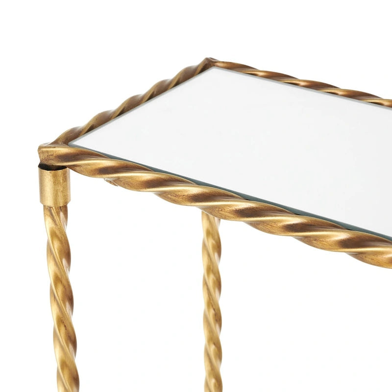 Gold Metal Twisted Rope Console Table with Mirrored Glass Top & Shelf – Contemporary Style, Entryway Use