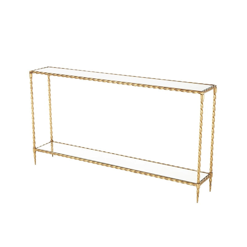 Gold Metal Twisted Rope Console Table with Mirrored Glass Top & Shelf – Contemporary Style, Entryway Use