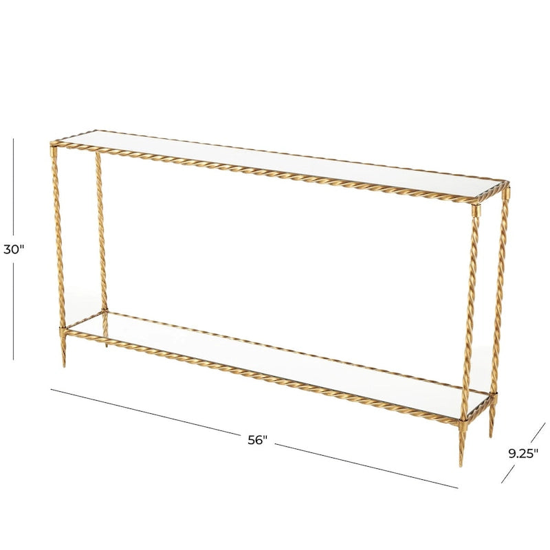 Gold Metal Twisted Rope Console Table with Mirrored Glass Top & Shelf – Contemporary Style, Entryway Use