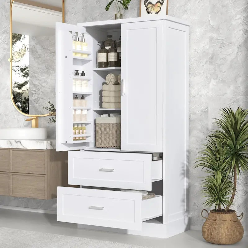 Black / White Tall Storage Cabinet with 2 Doors, 2 Drawers & Adjustable Shelf – Modern Style, Bathroom / Office Use