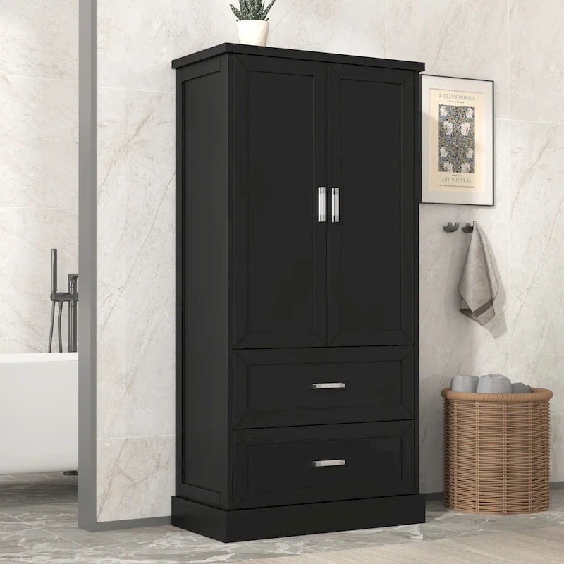Black / White Tall Storage Cabinet with 2 Doors, 2 Drawers & Adjustable Shelf – Modern Style, Bathroom / Office Use