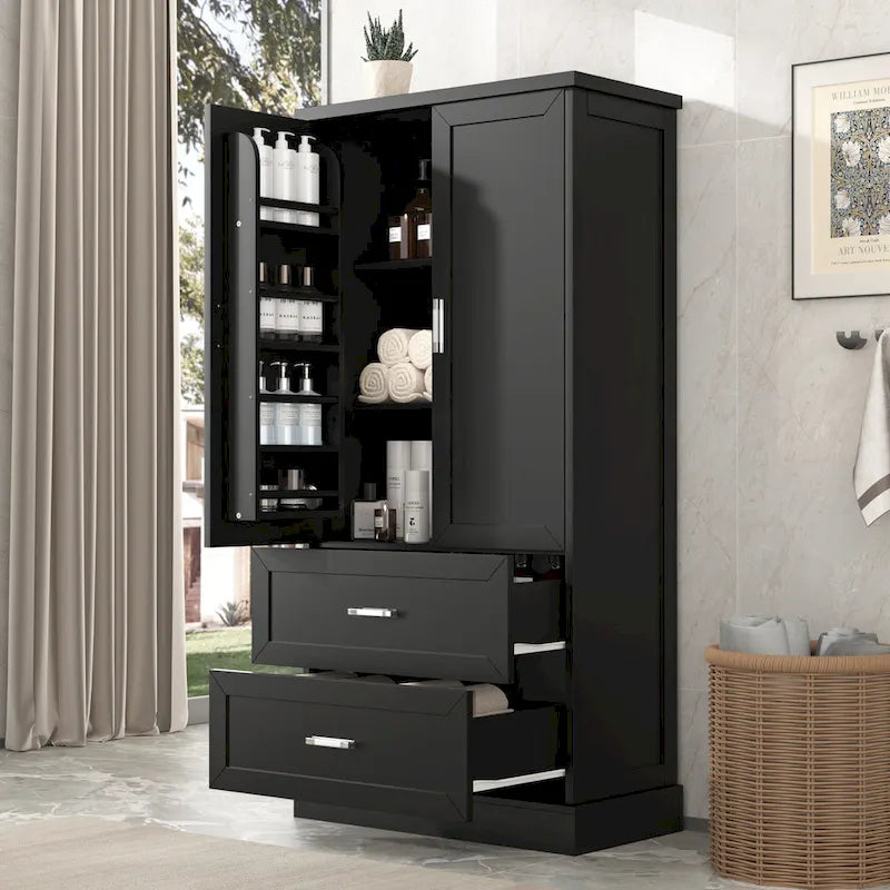 Black / White Tall Storage Cabinet with 2 Doors, 2 Drawers & Adjustable Shelf – Modern Style, Bathroom / Office Use